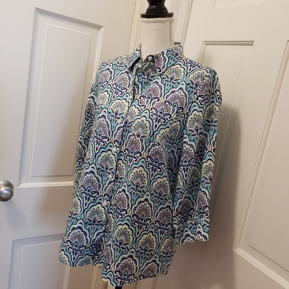 Chico's Scallop-Print Button Front No Iron Linen Shirt Size 0=8/10 Colorful - Picture 3 of 13